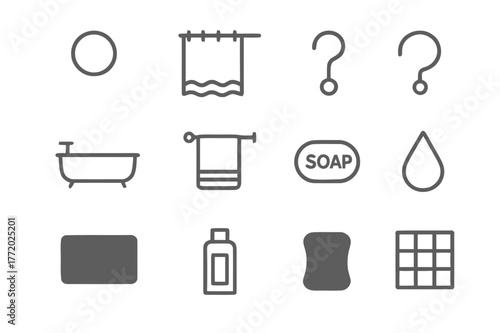 Bathroom Essentials Icons. Bathroom essentials. Line icon set of bathroom essentials: ring, shower curtain, curtain rod, hook, bathtub, towel, soap, water