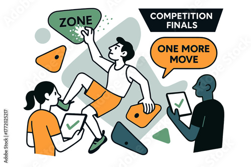 Climbing Zone Challenge. Competition Finals ? Zone Hold. Chalk explodes as fingers latch ?ZONE?; judges? tablets blink in minimal icons. ?One more move? echoes