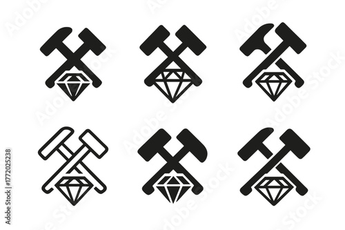 Artisan Jewelry Logos. Local artisan jewelry. Set Logo of Local artisan jewelry: hammer and gem symbol. harmonious logo variations of the same emblematic
