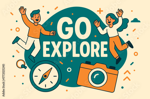 Adventure Awaits Banner. Go explore banner, flat vector illustration, bold oversized text inside rounded blob, cartoon characters jumping and waving, compass