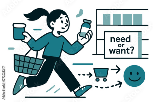 Shopping Choices Adventure. Shopping Habits. A shopper glides past clean shelves, comparing two simple items; a tag reads ?need or want??. Dotted arrows link