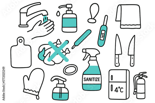 Kitchen Safety Essentials. // Kitchen safety & hygiene. Hand-drawn doodle illustration Kitchen safety & hygiene [handwashing tap (accented), soap dispenser