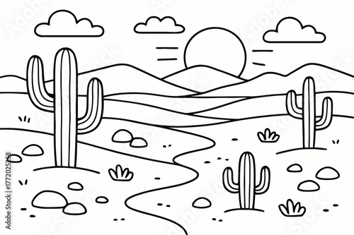 Desert Coloring Illustration. Desert landscape children?s coloring book illustration, outlined drawing, wide sandy desert with cacti, rocks, and a setting sun,