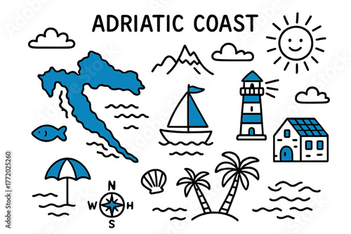 Adriatic Coastal Doodle. // Adriatic coast. Hand-drawn doodle illustration Adriatic coast [coastal map (accented), sailboat (accented), lighthouse (accented),
