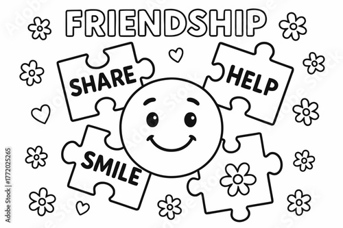 Friendship Puzzle Coloring Page. Friendship puzzle children?s coloring book illustration, outlined drawing, cartoon puzzle pieces labeled ?share,? ?help,? and