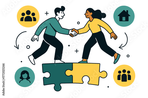 Unified Puzzle Bridge. Coalition building. Two figures shaking hands across a bridge of puzzle pieces; icons of different communities glowing around them.