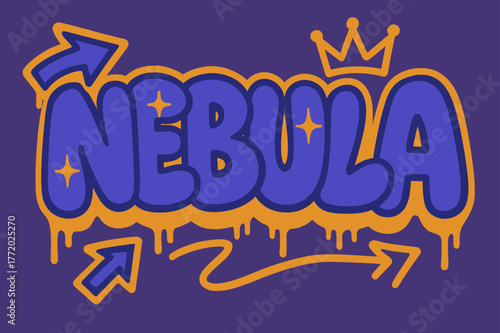 Urban Cosmic Graffiti. . Urban Nebula ? Graffiti Simplified: thick bubble letters slightly tilted, soft dripping outlines and inner starburst fills; arrows and