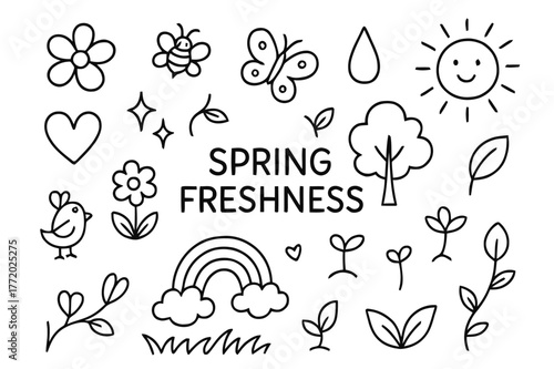 Spring Doodle Elements. Spring freshness. Hand-drawn doodle illustration Spring freshness flower, leaf, bee, butterfly, droplet, rainbow, sun, bird, grass,