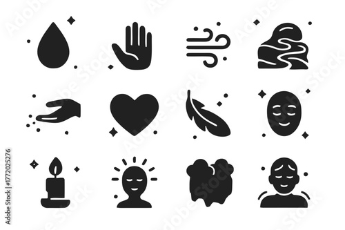 Emotional Release Icons. Emotional release. Solid icons set of emotional release: tear drop, open palm, exhale breath, flowing river, letting go gesture, soft