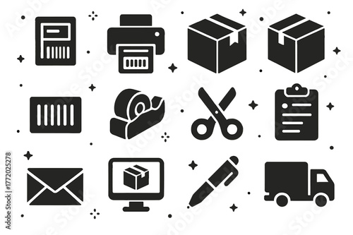 Shipping Icons Grid. Shipping Operations. Solid icons set of Shipping Operations: shipping label, printer, package, box, barcode, tape dispenser, scissors,
