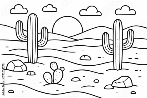 Desert Coloring Illustration. Desert landscape children?s coloring book illustration, outlined drawing, wide sandy desert with cacti, rocks, and a setting sun,