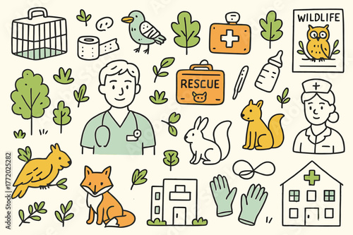 Wildlife Rescue Doodle. Wildlife care. Hand-drawn doodle illustration veterinarian (colored), injured bird (colored), animal cage (colored), medical kit