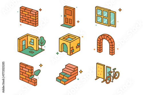Adaptive Reuse Icons. Adaptive reuse with low-impact methods. Colorful isometric vector icons set of Adaptive reuse with low-impact methods: reclaimed brick