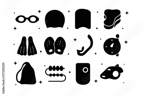 Swim Gear Icons Grid. Swim training gear. Solid icons set of Swim training gear: goggles, swim cap, kickboard, pull buoy, fins, paddles, snorkel, tempo