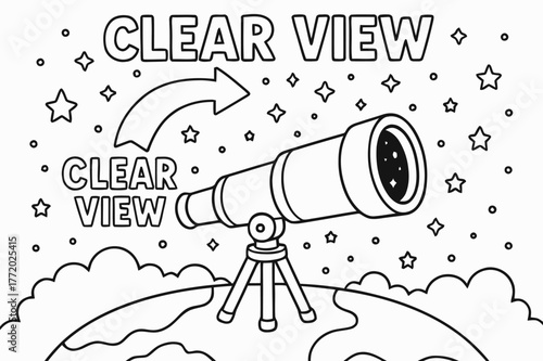 Telescope's Starry View. No atmosphere advantage children?s coloring book illustration, outlined drawing, a telescope above Earth?s cloudy layer with a big