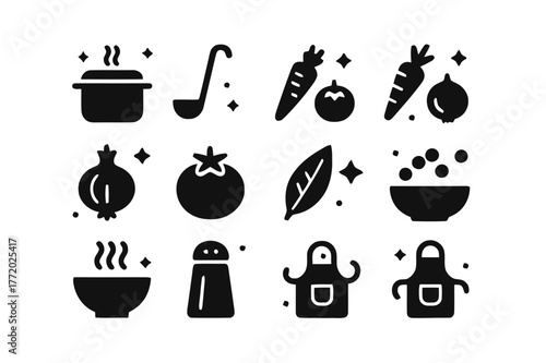 Soup Icons Grid. Soup and Stew Cooking. Solid icons set of Soup and Stew Cooking: pot, ladle, wooden spoon, carrot, onion, tomato, bay leaf, peppercorns, bowl,