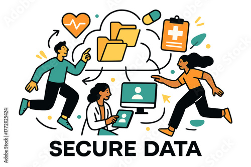 Cloud Medical Records. Healthcare Tech ? Cloud Records. Folders and medical icons float above a cloud; connection lines link to tablets and monitors. Text