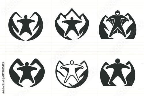 Wingsuit Emblem Variations. Wingsuit flying. Set Logo of Wingsuit flying: flyer slicing through valley. harmonious logo variations of the same emblematic