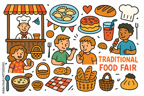 Colorful Food Fair Doodles. Traditional food fair. Colorful Hand-drawn doodle Children illustration Traditional food fair food stalls, plates, dumplings,