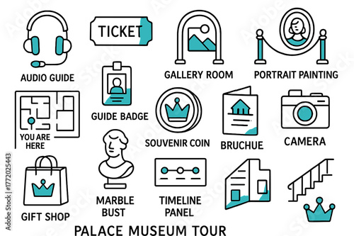 Palace Museum Doodle. Palace museum tour. Hand-drawn doodle illustration palace museum tour [audio guide (accented), ticket (accented), gallery room, portrait