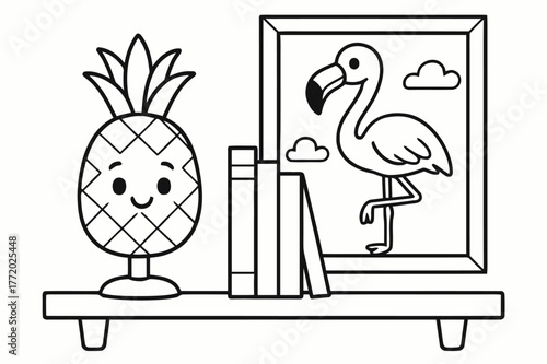 Pineapple Flamingo Coloring. Pineapple and flamingo accents children?s coloring book illustration, outlined drawing, shelf with a pineapple lamp and a framed