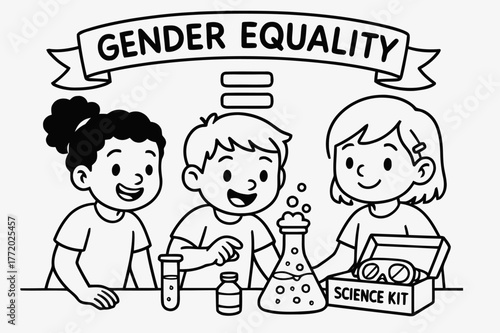 Kids Sharing Science. Gender equality children?s coloring book illustration, outlined drawing, kids of all genders sharing a science kit with an equals sign