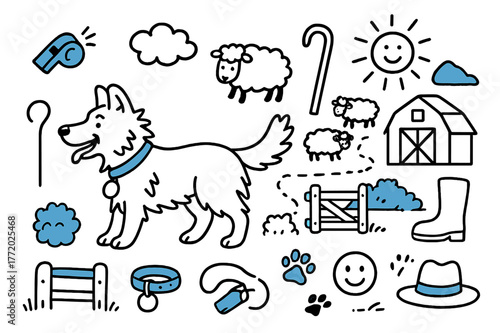 Sheepdog at Work. Sheepdog at work. Hand-drawn doodle illustration sheepdog at work [sheepdog (accented), flock of sheep (accented), whistle (accented),