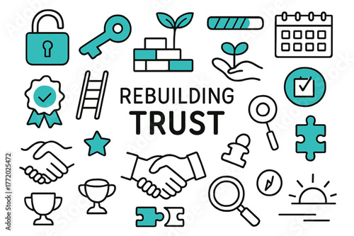 Trust Rebuilding Symbols. Rebuilding trust. Hand-drawn doodle illustration rebuilding trust [padlock opening (accented), key (accented), brick-by-brick wall