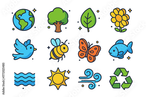 Ecological Balance Icons. ecological balance. Colorful isometric vector icons set of ecological balance: earth, tree, leaf, flower, bird, bee, butterfly, fish,