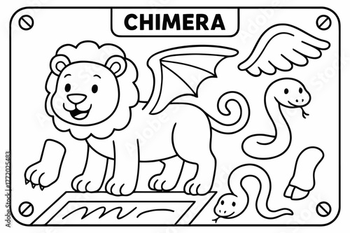 Chimera Coloring Adventure. Create your own chimera children?s coloring book illustration, outlined drawing, mix-and-match animal parts like wings, tails, and