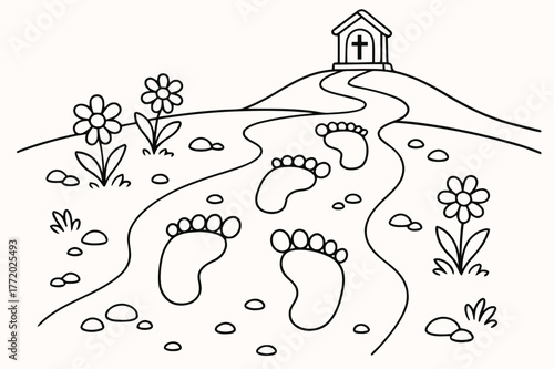 Journey's Footprints Path. Footprints of the journey children?s coloring book illustration, outlined drawing, a trail of big friendly footprints leading past