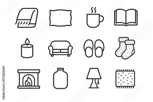 Home Comfort Icons. Home Comfort. Line icon set of Home Comfort: blanket, soft pillow, warm drink, reading book, scented candle, sofa, slippers, fuzzy socks,