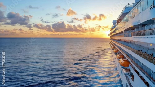 Cruise Ship Journey at Sunset Over Calm Ocean Waters, Embracing Serene Travel Experience