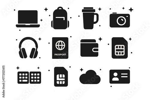 Digital Nomad Icons. Digital Nomad Minimalist Groups. Solid icons set of Digital Nomad Minimalist Groups: laptop, slim backpack, travel mug, compact camera,