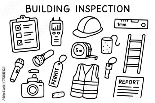 Building Inspection Tools. Building inspection. Hand-drawn doodle illustration building inspection clipboard, checklist, flashlight, moisture meter, spirit