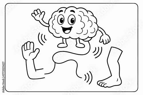 Colorful Brain Connections. Brain and nerves children?s coloring book illustration, outlined drawing, a happy cartoon brain sending signal waves to an arm and