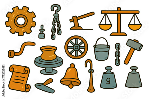 Early Machines Doodle. Early machines. Colorful Hand-drawn doodle Children illustration Early machines bronze gear, pulley, lever, balance scale, wheel,