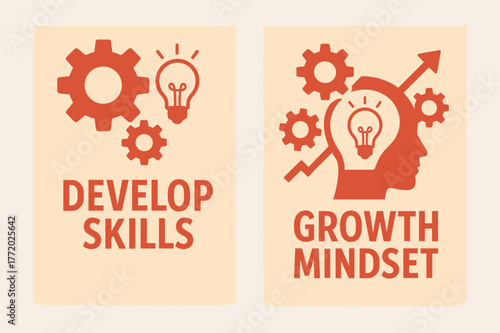 Skills and Growth Banners. Develop skills. Two vertical A6 banners with safe margins, centered composition, no elements touching edges, flat vector design, red