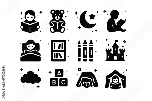 Children's Reading Icons. Children Reading. Solid icons set of Children Reading: storybook, teddy bear, stars, moon, child silhouette, blanket, bookshelf,