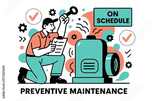Maintenance Inspection Scene. Preventive Maintenance. Technician with checklist and torque wrench, inspecting a humming machine labeled ?on schedule?. Calm,