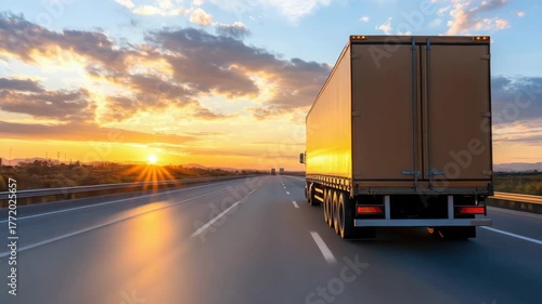 Truck Travels Highway at Sunset, Showcasing Vibrant Clouds and Beautiful Vehicle Transportation