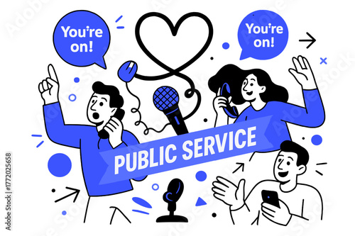 Vibrant Call-In Show. Audience call-ins & PSA. A phone cord curls into a heart around the mic; caller bubbles pop with ?You?re on!? badges. A clear ?Public