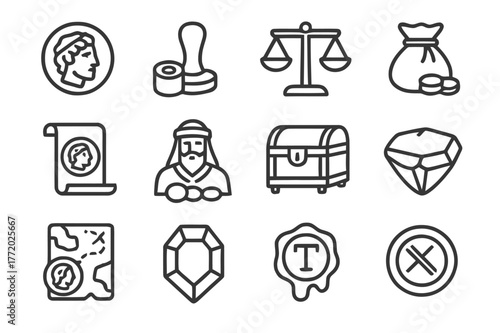 Ancient Coin Icon Set. Ancient coins and trade. Line icon set of ancient coins: coin, mint stamp, hammer, scales, purse, scroll, merchant, chest, treasure map,