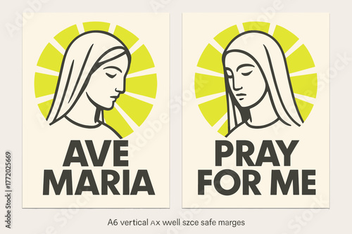 Ave Maria Banners. Ave Maria. Two vertical A6 banners with safe margins, centered composition, no elements touching edges, bauhaus, charcoal and neon yellow,