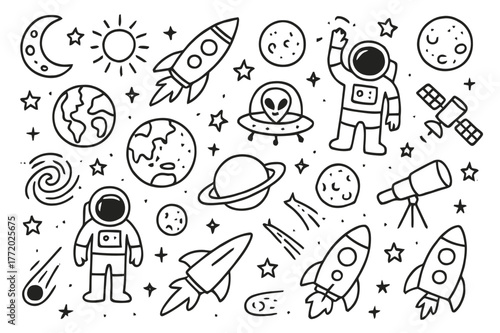 Space Exploration Doodle. Space exploration illustration. Hand-drawn doodle illustration Space exploration illustration, rockets, planets, stars, moons,