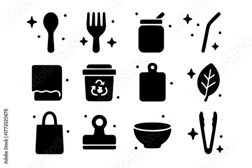 Eco Kitchen Icon Set. Eco Kitchen Tools. Solid icons set of Eco Kitchen Tools: bamboo spoon, wooden fork, glass jar, reusable straw, cotton towel, compost bin,