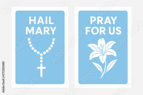 Hail Mary Banners. Hail Mary Prayer. Two vertical A6 banners with safe margins, centered composition, no elements touching edges, flat vector design, white and