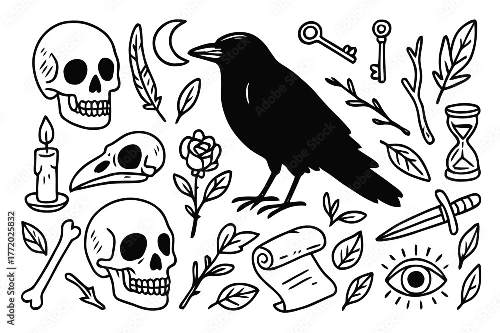 Obraz premium Raven and Skulls Illustration. Raven and skulls. Hand-drawn doodle illustration Raven and skulls human skull, crow skull, feather, candle, bone, rose, branch,