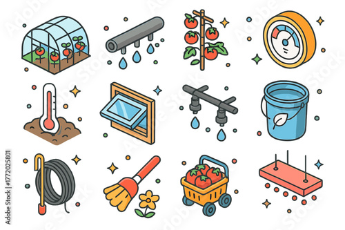 Greenhouse Tomato Icons. Greenhouse tomato cultivation. Colorful isometric vector icons set of Greenhouse tomato cultivation: greenhouse tunnel, irrigation