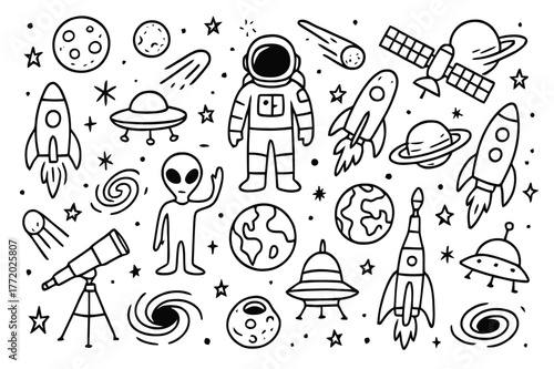 Space Exploration Doodle. Space exploration illustration. Hand-drawn doodle illustration Space exploration illustration, rockets, planets, stars, moons,